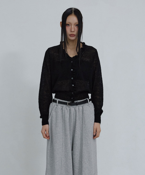 KID MOHAIR LACE V-NECK CARDIGAN_ BLACK