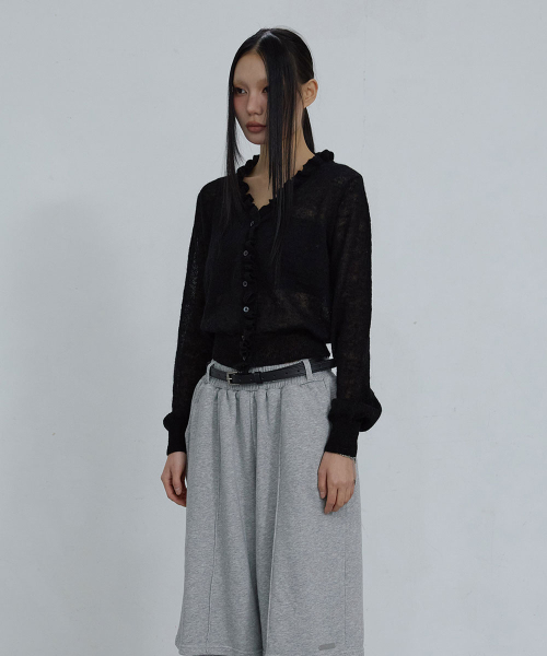 KID MOHAIR LACE V-NECK CARDIGAN_ BLACK