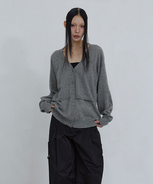 RELAXED EYELET CARDIGAN_ GREY