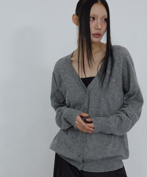 RELAXED EYELET CARDIGAN_ GREY