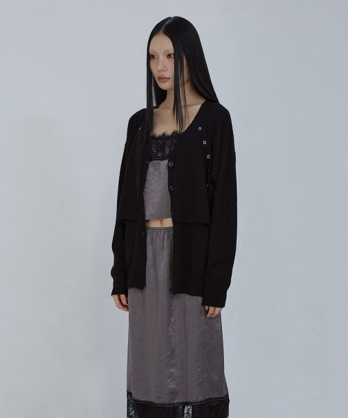 RELAXED EYELET CARDIGAN_ BLACK