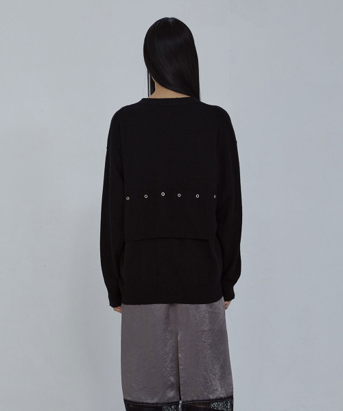 RELAXED EYELET CARDIGAN_ BLACK