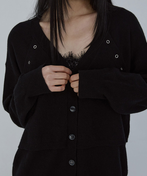 RELAXED EYELET CARDIGAN_ BLACK