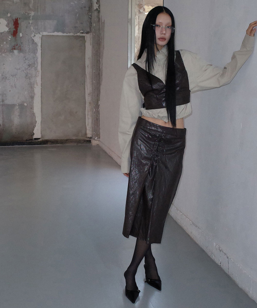 FAUX-LEATHER BUSTIER_ BROWN