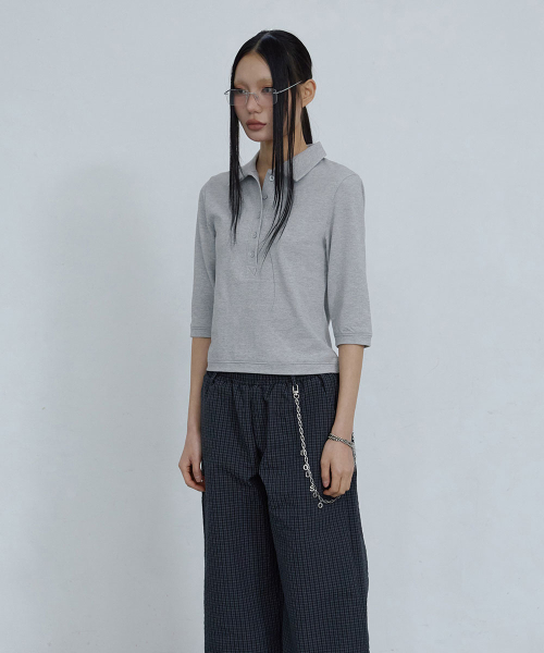 COTTON PIQUE LONG SLEEVE TOP_ MELANGE GREY