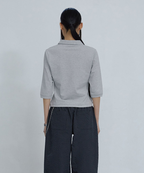 COTTON PIQUE LONG SLEEVE TOP_ MELANGE GREY