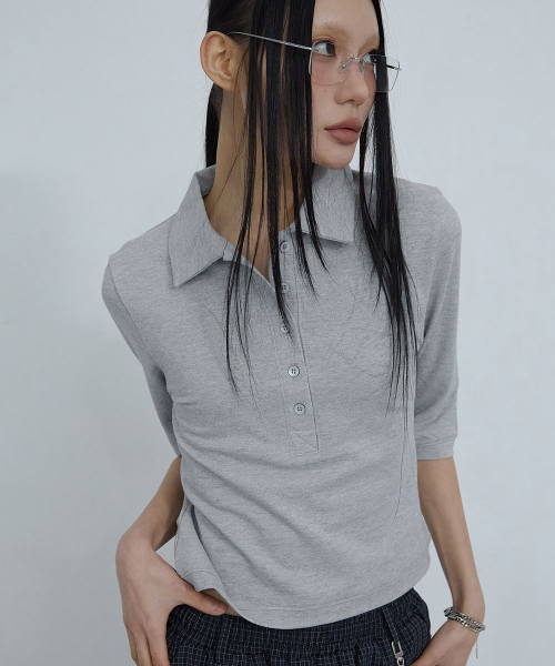 COTTON PIQUE LONG SLEEVE TOP_ MELANGE GREY