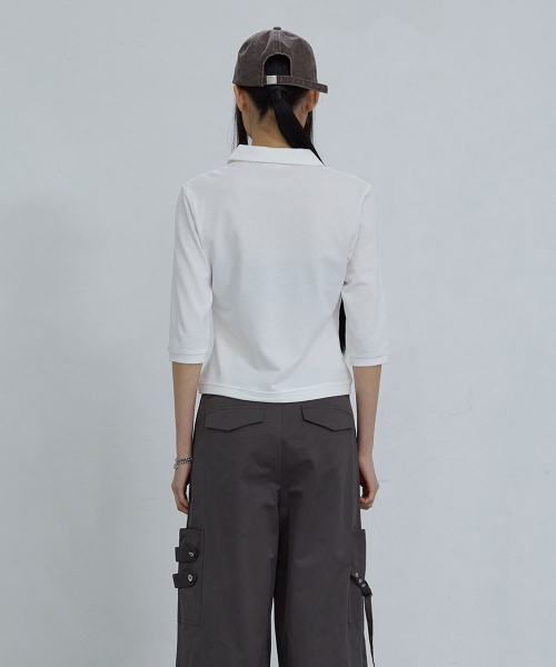 COTTON PIQUE LONG SLEEVE TOP_ IVORY