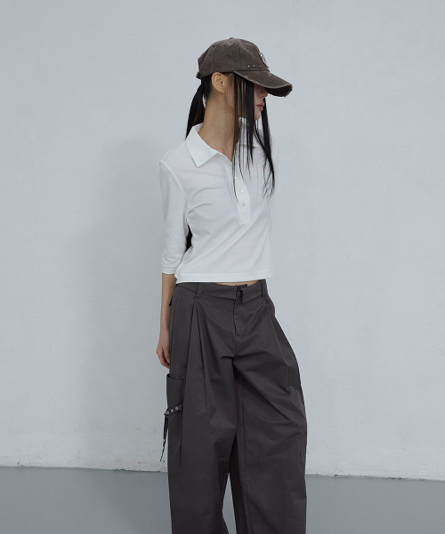 COTTON PIQUE LONG SLEEVE TOP_ IVORY