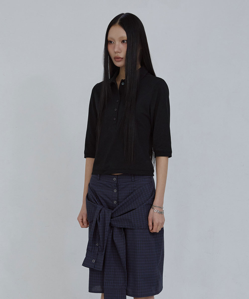 COTTON PIQUE LONG SLEEVE TOP_ BLACK