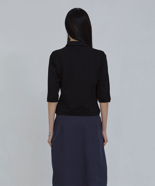 COTTON PIQUE LONG SLEEVE TOP_ BLACK