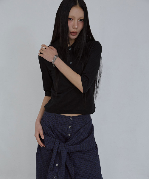 COTTON PIQUE LONG SLEEVE TOP_ BLACK