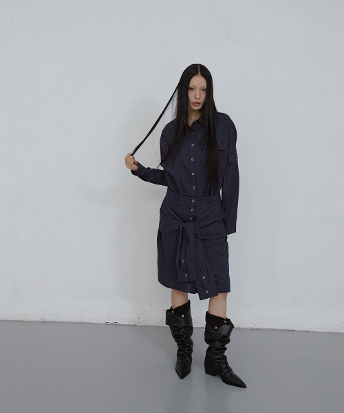 CHECKED COTTON SNAP SHIRT_ BLUE CHECK
