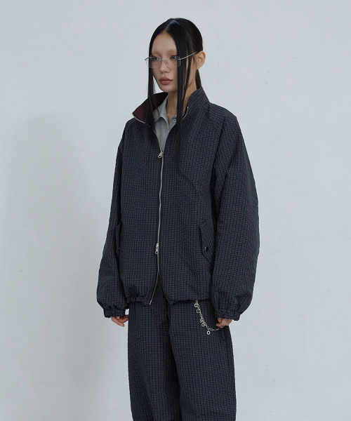 REVERSIBLE CHECKED FULL-ZIP JACKET_ DARK NAVY