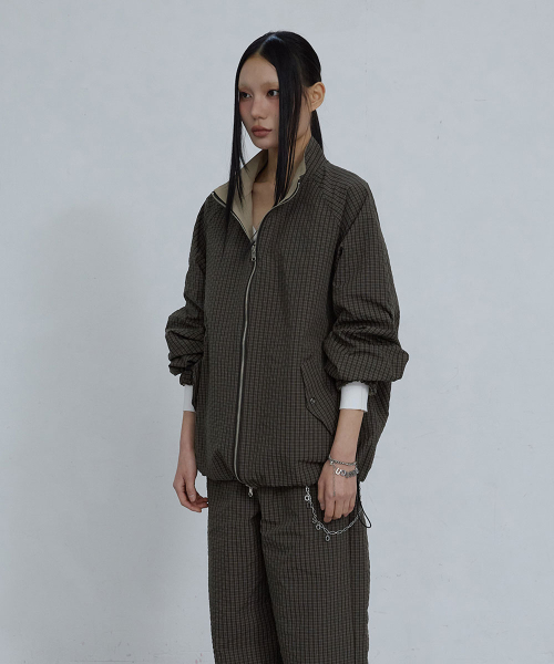 REVERSIBLE CHECKED FULL-ZIP JACKET_ DARK BROWN