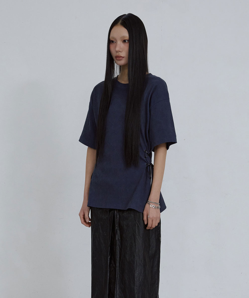 EYELET HALF SLEEVE TOP_ FADED NAVY