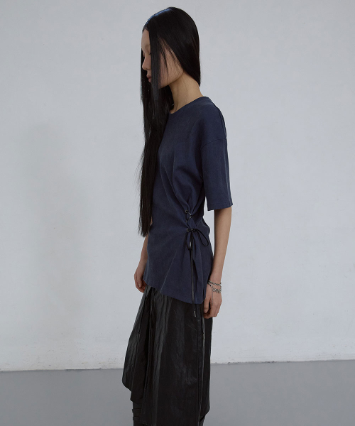 EYELET HALF SLEEVE TOP_ FADED NAVY