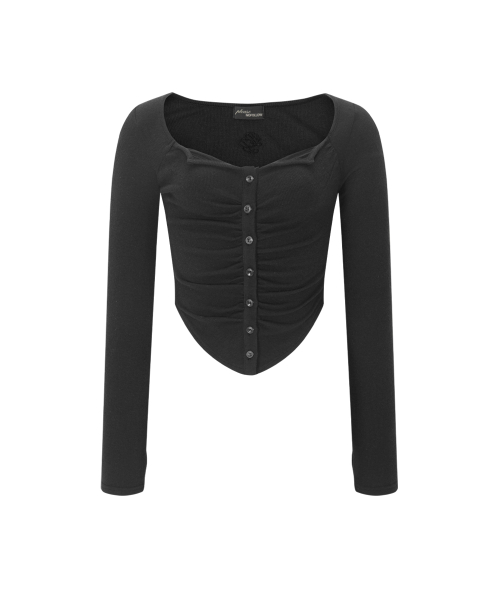Kaya Button Shirring Long Sleeve Top (Black)