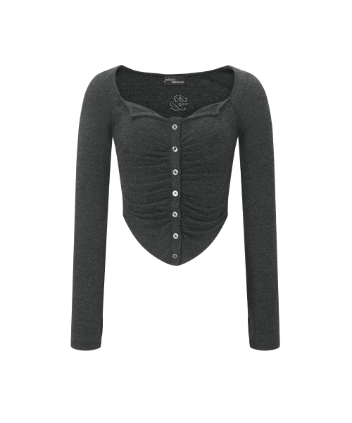 Kaya Button Shirring Long Sleeve Top (Melange Charcoal)