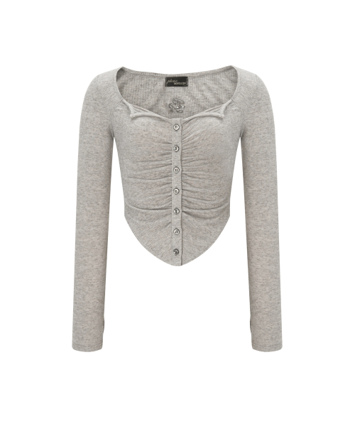 Kaya Button Shirring Long Sleeve Top (Mocha Melange)