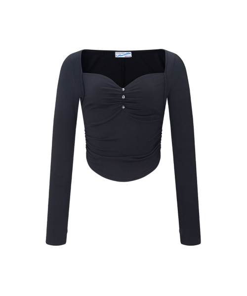 Amanda Shirring Long Sleeve Top (Black)
