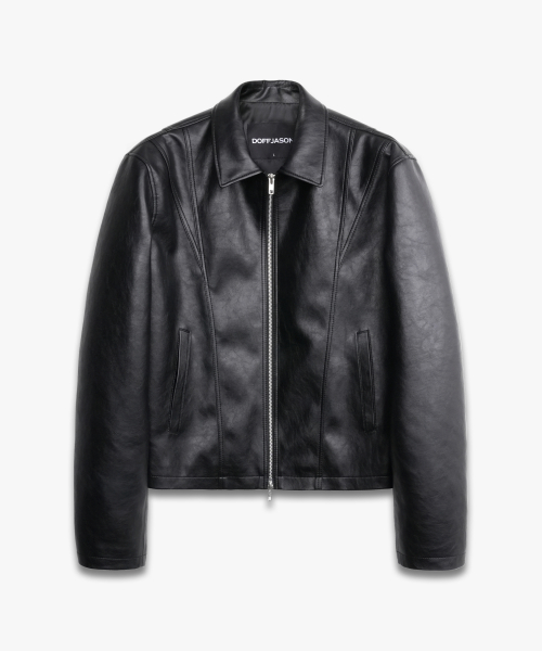 Incision Crop Leather Jacket BLACK