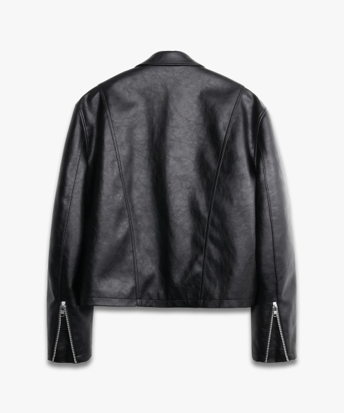 Incision Crop Leather Jacket BLACK