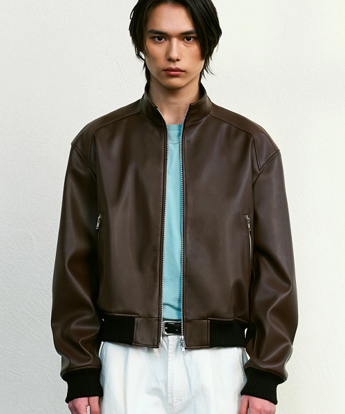 Stand Crop Leather Blouson BROWN