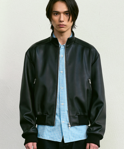 Stand Crop Leather Blouson BLACK