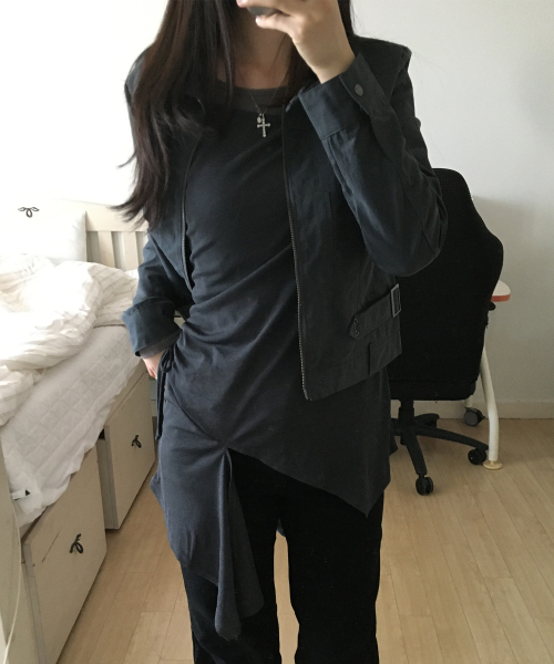 언발 컷팅 셔링 스트랩 사선 레이어드 롱슬리브리스 세트_2COLOR