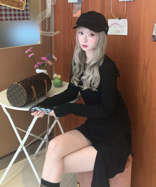 언발 컷팅 셔링 스트랩 사선 레이어드 롱슬리브리스 세트_2COLOR