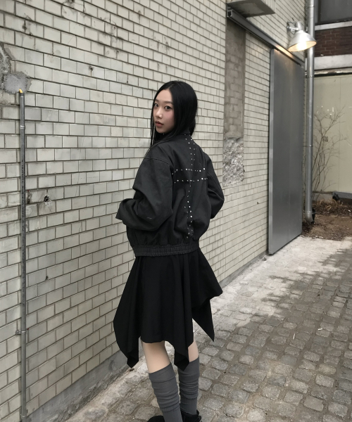 더블 버튼 드레이프 레이어드 미디 언발란스 플레어 스커트 _2COLOR