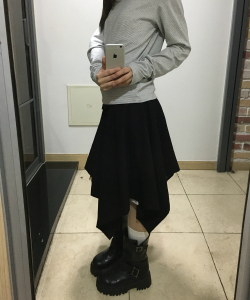 더블 버튼 드레이프 레이어드 미디 언발란스 플레어 스커트 _2COLOR