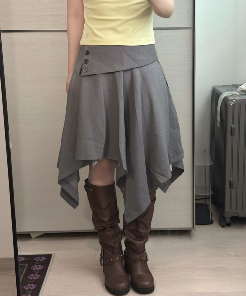 더블 버튼 드레이프 레이어드 미디 언발란스 플레어 스커트 _2COLOR