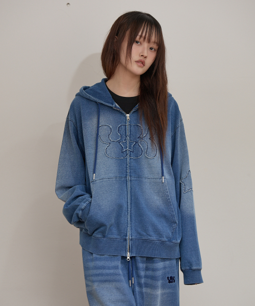 YK Applique Denim Hood Zip Up MEDIUM BLUE