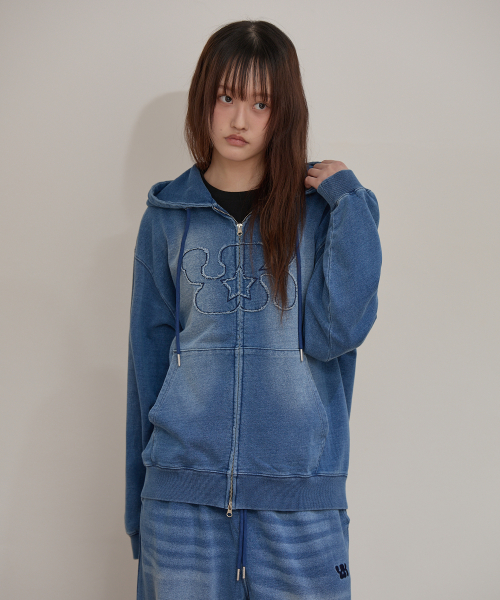 YK Applique Denim Hood Zip Up MEDIUM BLUE