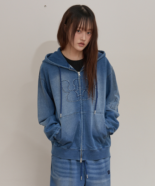YK Applique Denim Hood Zip Up MEDIUM BLUE