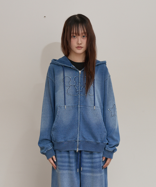 YK Applique Denim Hood Zip Up MEDIUM BLUE