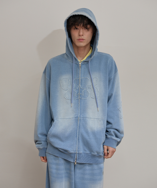 YK Applique Denim Hood Zip Up LIGHT BLUE