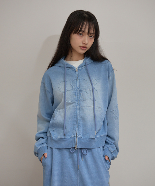 YK Applique Denim Hood Zip Up LIGHT BLUE