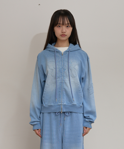 YK Applique Denim Hood Zip Up LIGHT BLUE