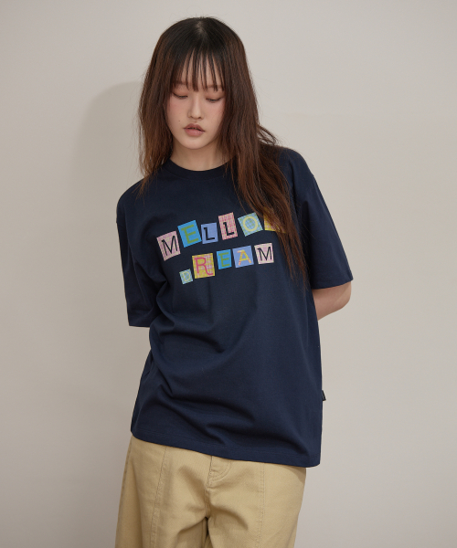 MELLOW DREAM Check Letter Half T-shirt NAVY