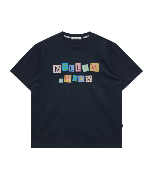 MELLOW DREAM Check Letter Half T-shirt NAVY