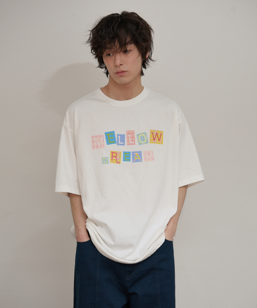 MELLOW DREAM Check Letter Half T-shirt IVORY