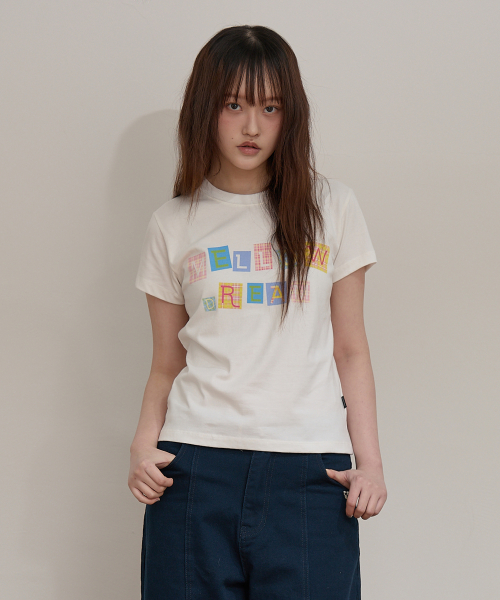 MELLOW DREAM Check Letter Half T-shirt IVORY