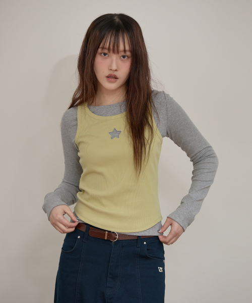Star Cut Out Top SET Layered T-shirt GREY