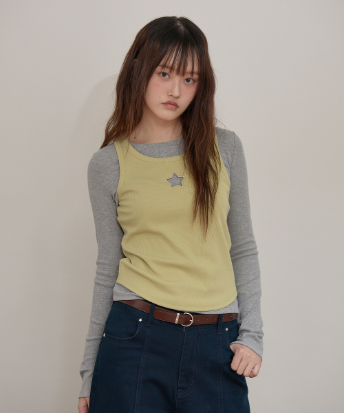 Star Cut Out Top SET Layered T-shirt GREY