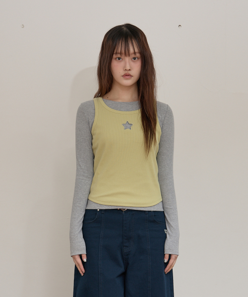 Star Cut Out Top SET Layered T-shirt GREY