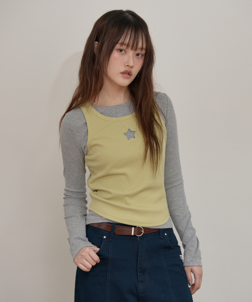 Star Cut Out Top SET Layered T-shirt GREY