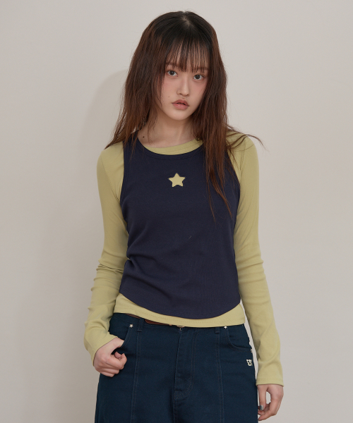 Star Cut Out Top SET Layered T-shirt SAGE GREEN